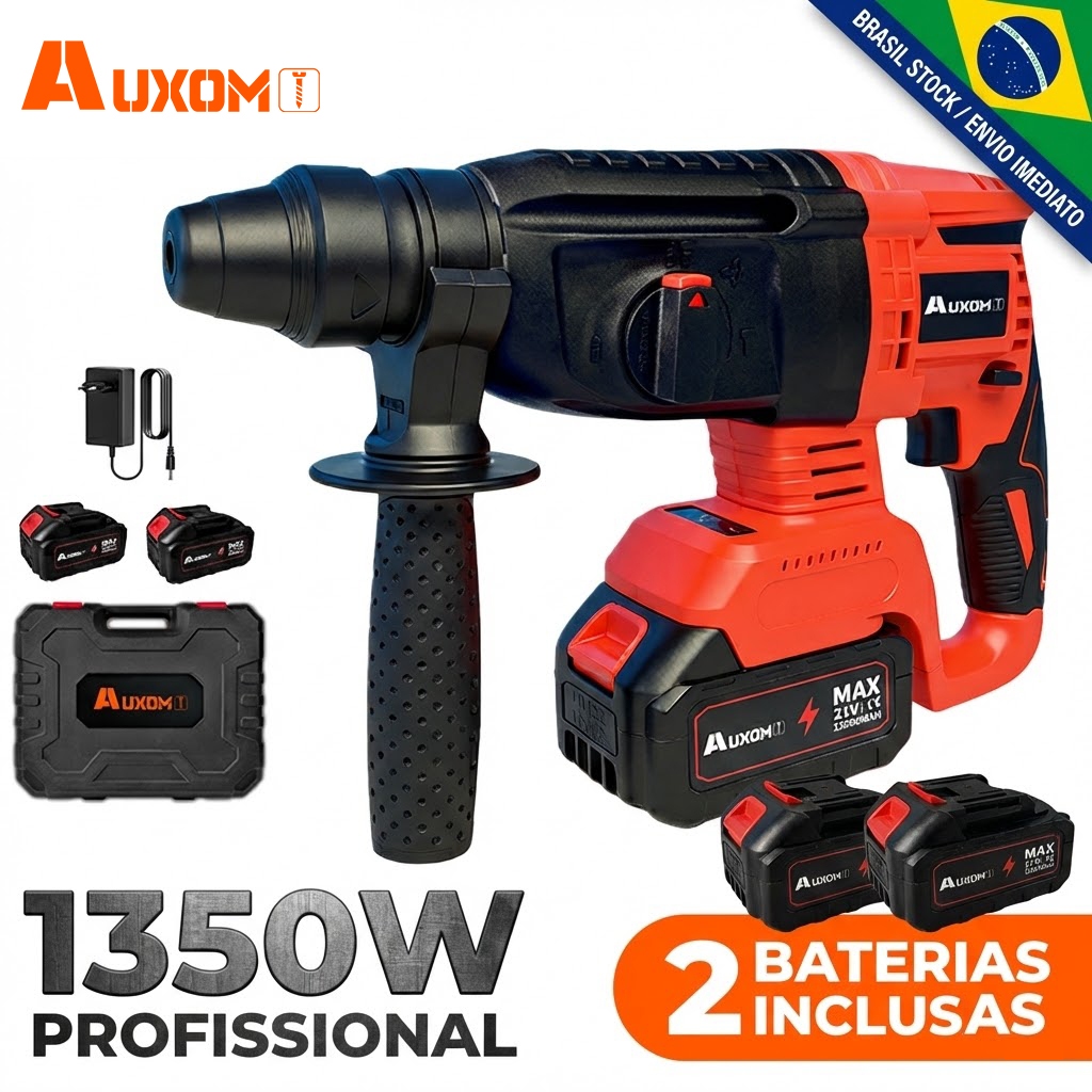 AUXOM Martelete Rompedor Perfurador Sem Fio 1350W Profissional 21V - Com 2 Baterias, Maleta e Brocas em Oferta na Shopee