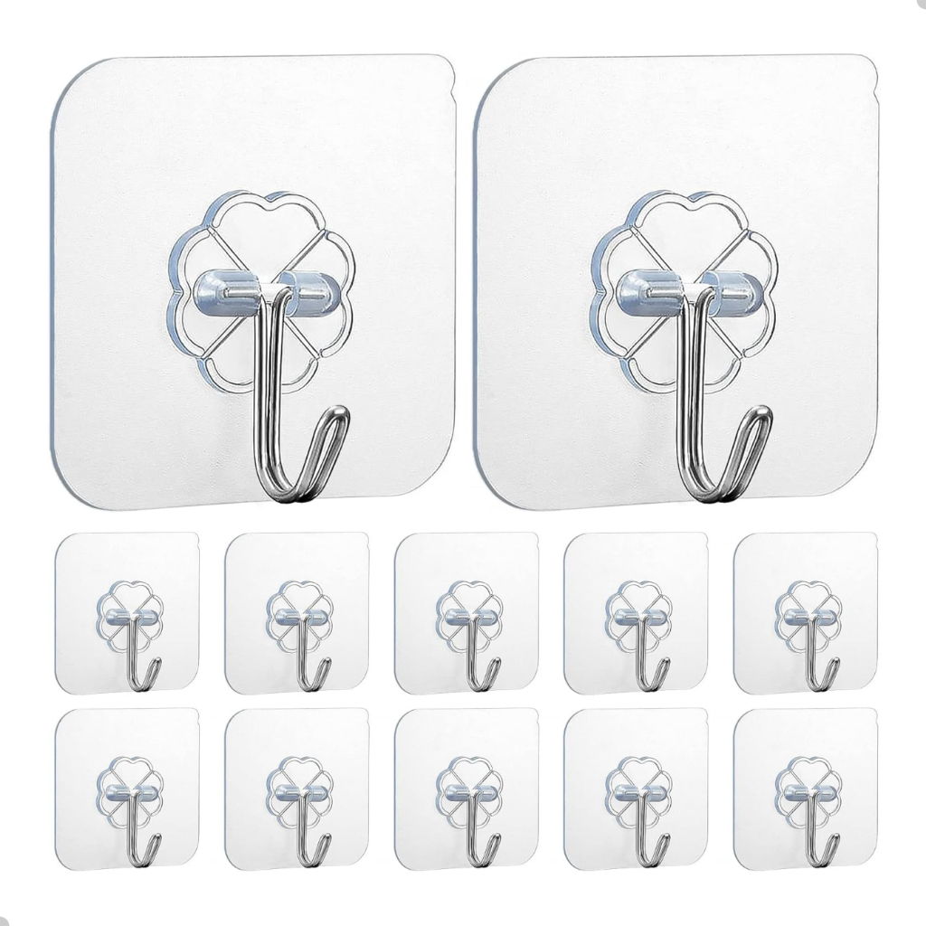 Conjunto 12 Ganchos Adesivos Transparente Metal Forte para Parede Casa Organizada
