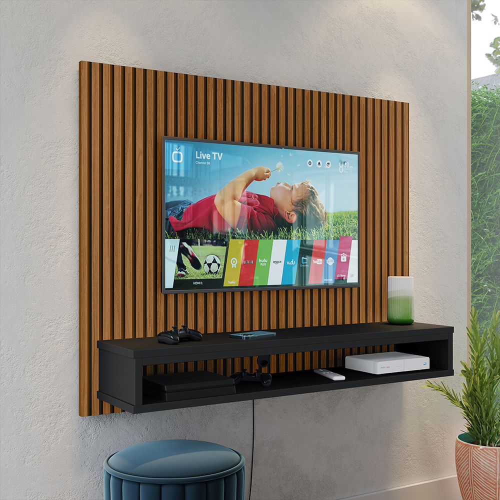 Painel Ripado para TV até 50 Polegadas Home com Prateleira e Nicho Decorativa para Sala Moderna