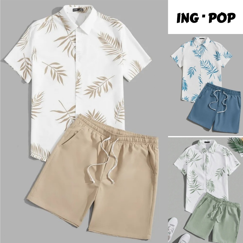 Conjunto De Masculino 2 Peças Casual Camisa Estampada Com Folhas Botões E Shorts Sólidos