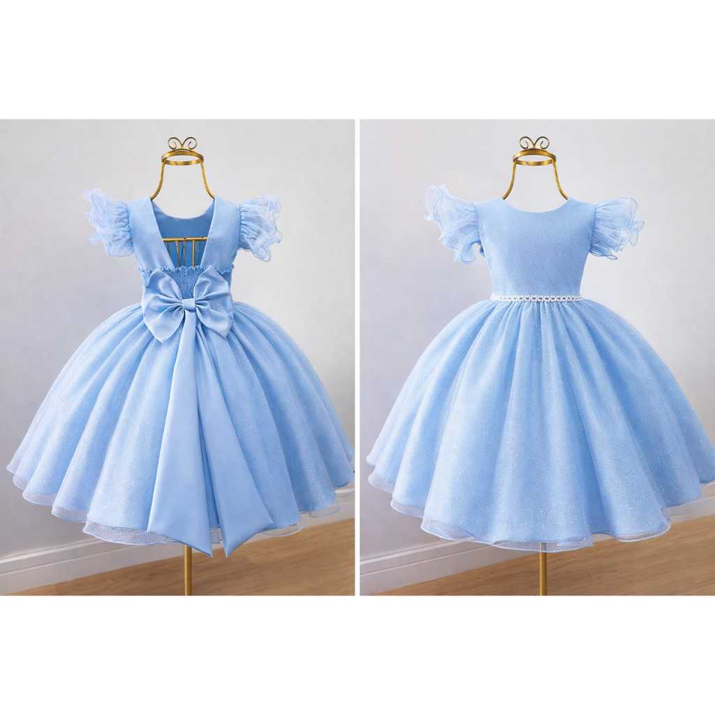 vestido azul bebe,infantil glitter manga princesa saia gode cinto perolas