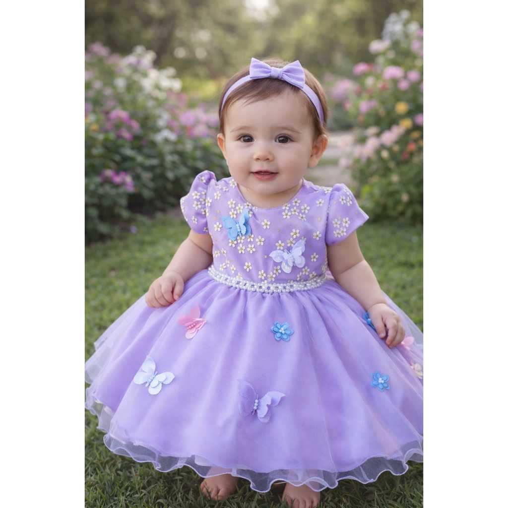 vestido infantil lilas borboletas batizado festa daminha aniversario manga princesa - 1014 em Oferta na Shopee