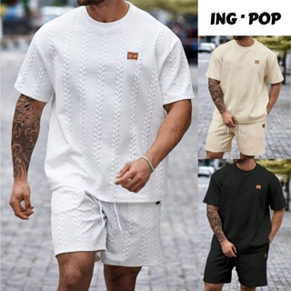 Conjunto de Camiseta Casual de Manga Curta e Gola Redonda com Impressão e Shorts Cordão Para Homens em Oferta na Shopee