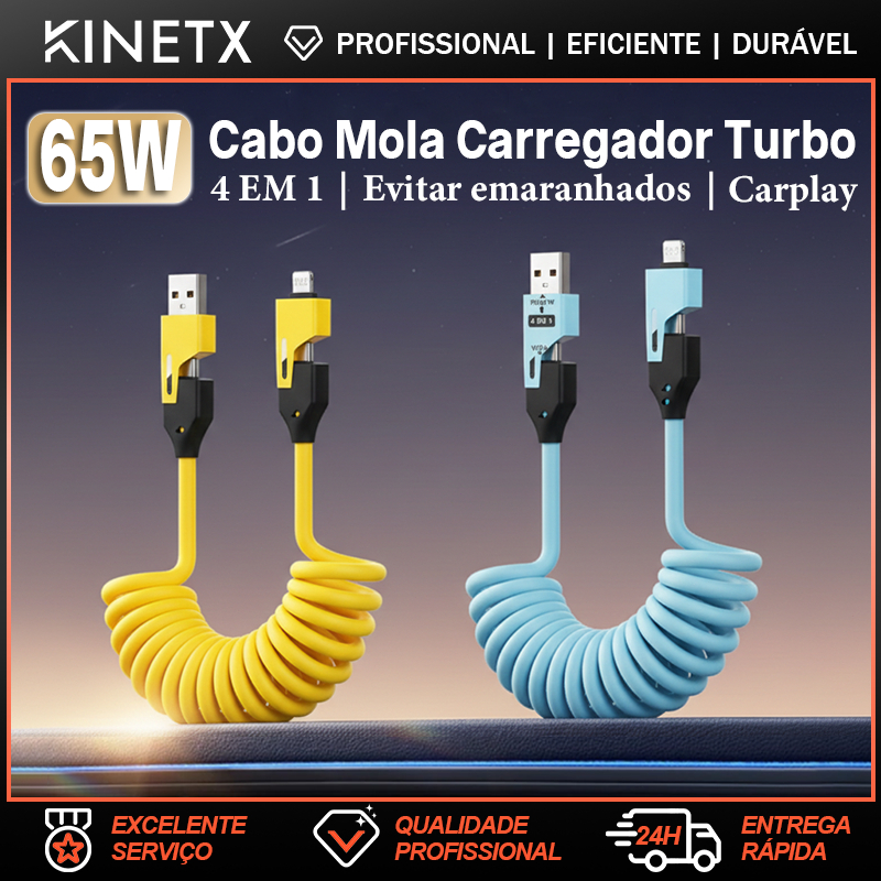 Cabo Carregador Turbo 65W 4 em 1com Mola Retrátil USB Rápido Lightning Micro Type-C 1.5m Evitar emaranhados Varias Cores