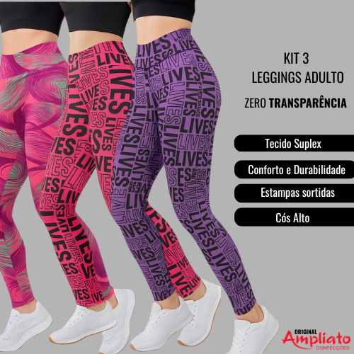 Kit 3 Leggings Suplex Feminina ESTAMPADAS – Não Transparente, Alta Compressão para Treino, Casual ou Pilates em Oferta na Shopee