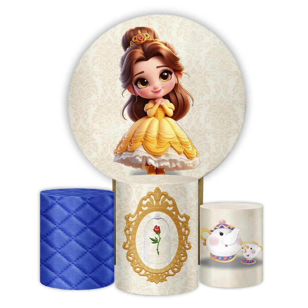 Kit Painel Redondo Festa Decoração A Bela e a Fera Baby Princesa Fofa Capas Cilindros 1,5x1,5 Sistema Veste Fácil