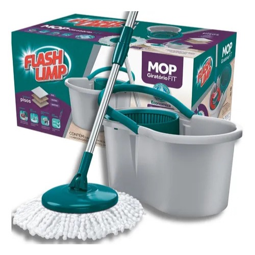 Mop Giratório Original Flash Limp com Cabo em Inox Balde 8L e Refil Microfibra