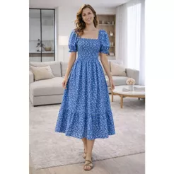 Vestido Feminino Midi Manga Princesa Estampado Flor moda Evangélica