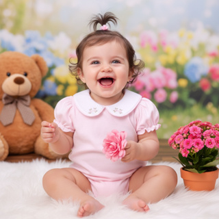 Body Bebê Menina Gola Bordada Flor Rococó 100% Algodão Manga Curta em Oferta na Shopee