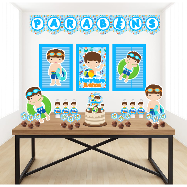 Kit Personalizado Festa Infantil Pool Party Piscina Menino Decoração Aniversário Mesversário Só Um Bolinho Lembrancinhas