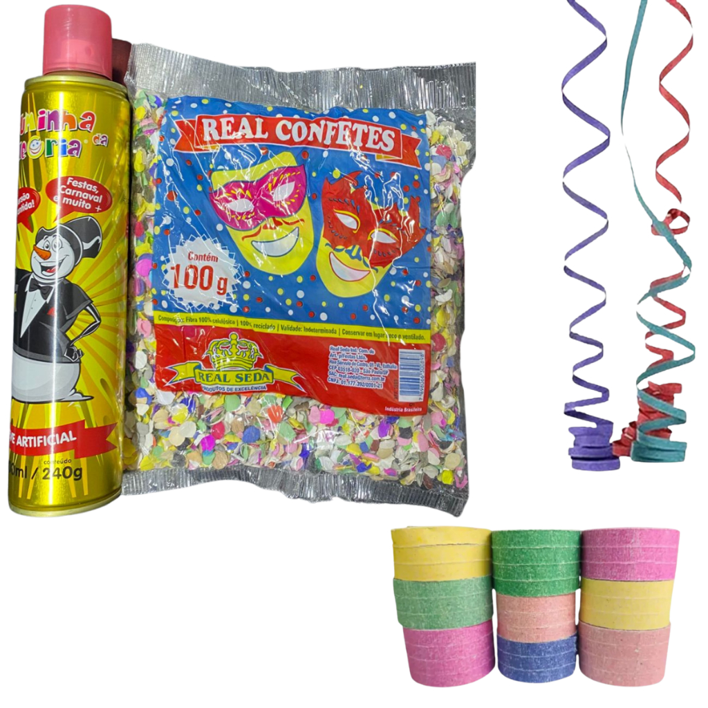 Kit 1 Espuma Spray Neve + 1 Confete  Carnaval 1 + Rolo de Serpentina Folia Crianças Festas