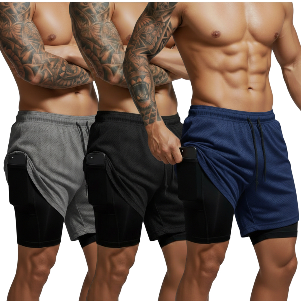 Kit 3 Peças Shorts 2 em 1 Dry Fit Masculino Com Bolso Interno e Forro de Compressão em Oferta na Shopee