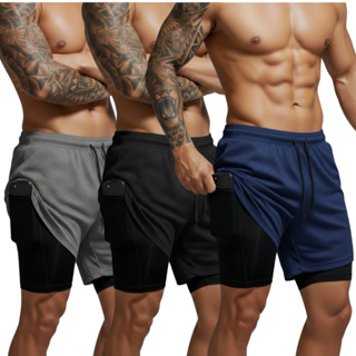 Kit 3 Peças Shorts 2 em 1 Dry Fit Masculino Com Bolso Interno e Forro de Compressão em Oferta na Shopee