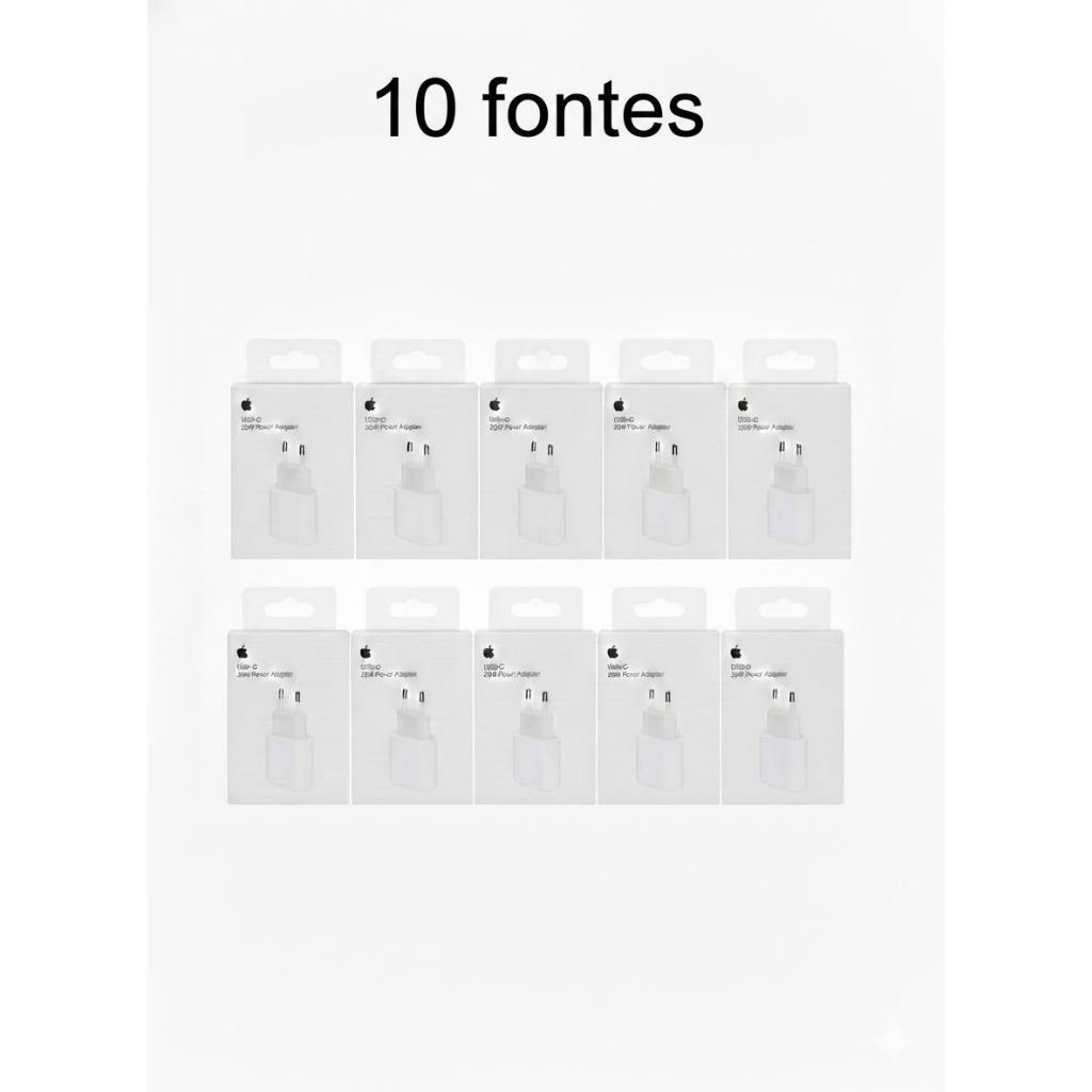 Kit 10 Fonte Carregador USB-C 20W Turbo Tipo C Bivolt Branco Sem Cabo