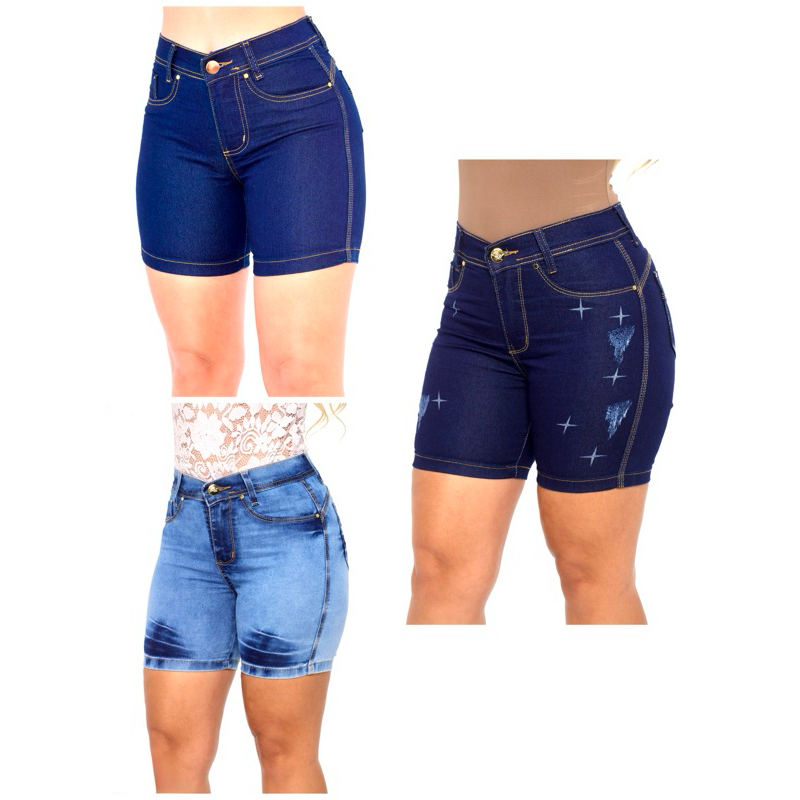 kit 3 bermudas jeans com elastano meia coxa lycra promoção short em Oferta na Shopee