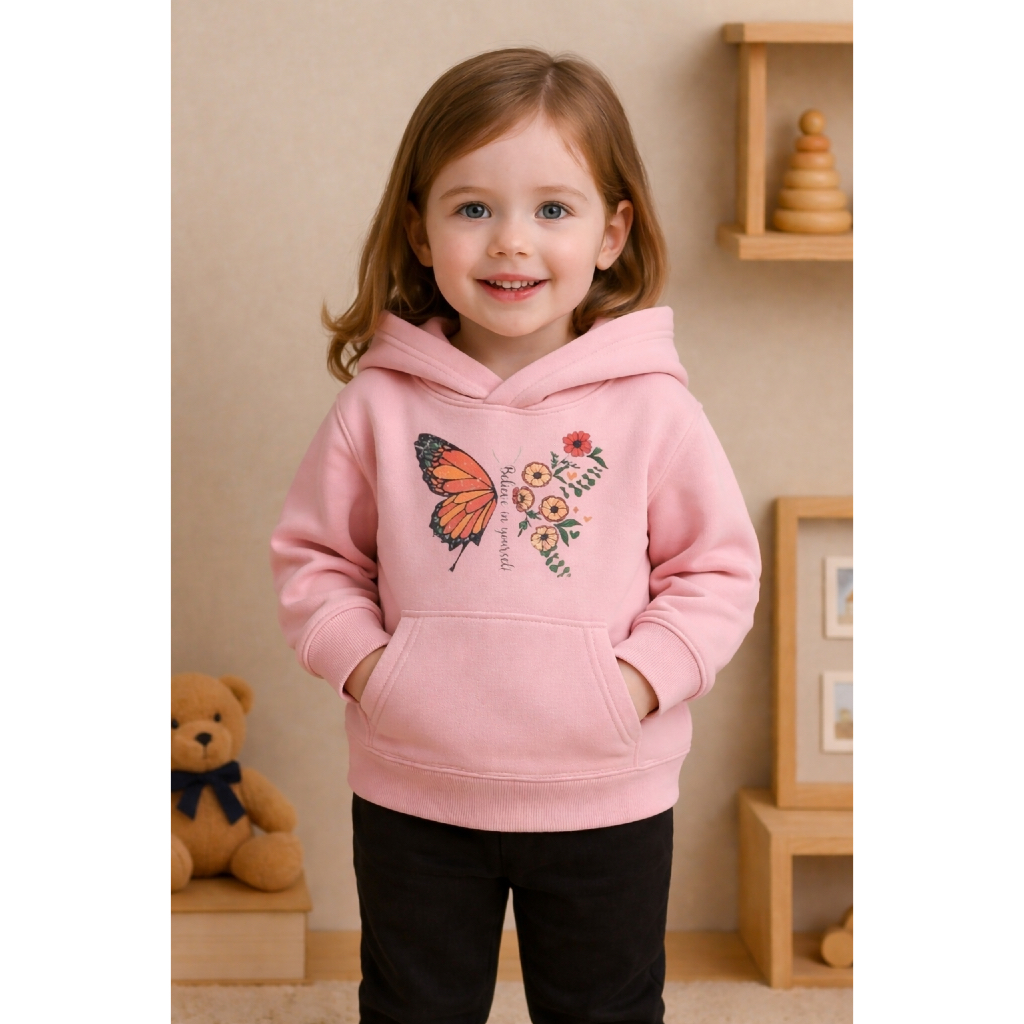 Moletom Casaco Infantil Inverno Menina Com Bolso E Touca Estampado Borboleta