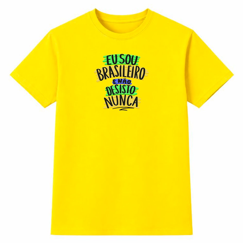Camiseta Masculina 100% Algodão Camisa Eu Sou Brasileiro Não Desisto Nunca Copa do Mundo Futebol Brasil Casual