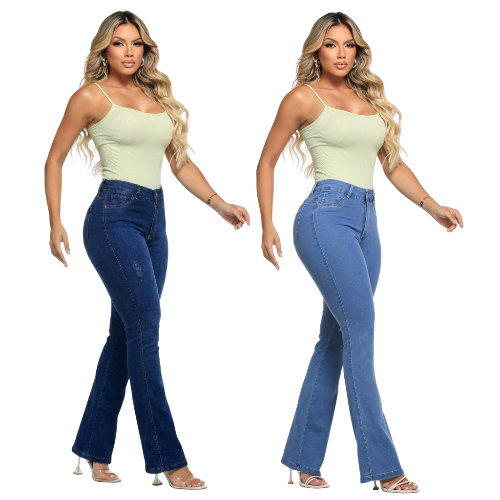Kit 2 Calça Jeans Feminina Flare Cós Alto Empina Bumbum Lycra Premium em Oferta na Shopee