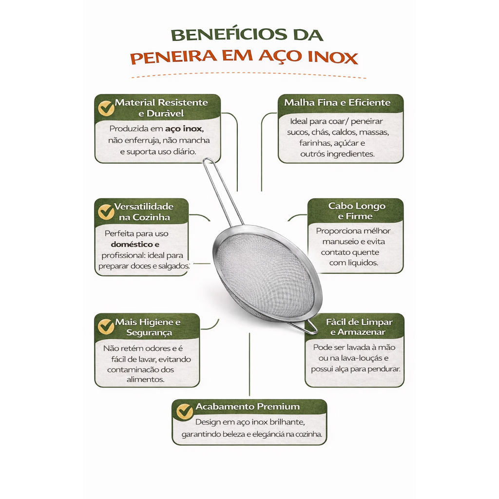 Peneira Inox 20cm Escorredor Polvilhar Cozinha Coador Multiuso