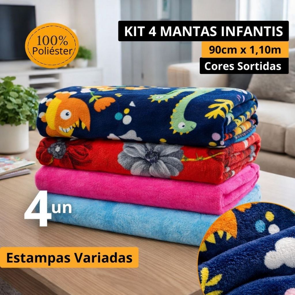 Kit 4 Mantinha Infantil ou de PET Microfibra 90cm x 1,10m 100% Poliéster Várias Estampas