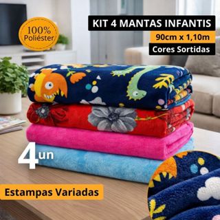 Kit 4 Mantinha Infantil ou de PET Microfibra 90cm x 1,10m 100% Poliéster Várias Estampas em Oferta na Shopee