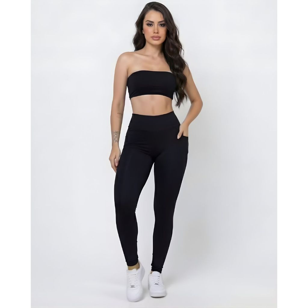 Calça Legging Feminina Suplex Cintura Alta Modeladora Com Bolso Lateral Zero Transparência Fitness