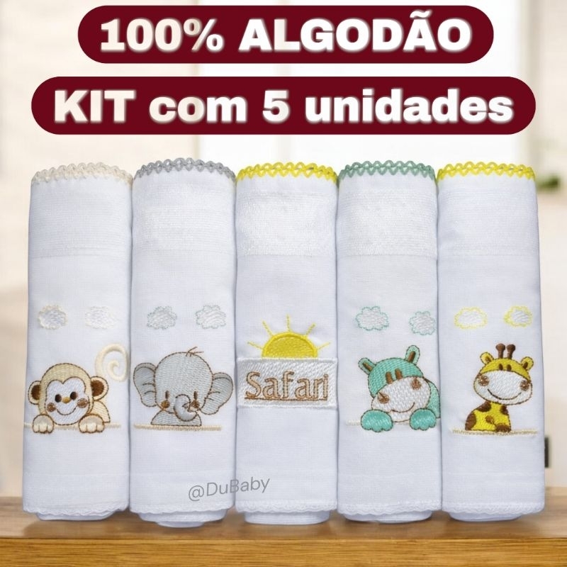 Safári kit 5 Fralda de Pano Bebê Bordada Safari 70x70cm Algodão Duplo
