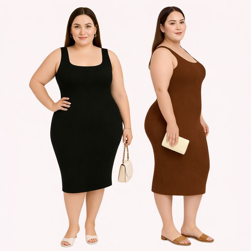 Vestido Feminino Plus Size Midi Alça Regata Modelado Decote Quadrado GG ao G3 Anarruga em Oferta na Shopee