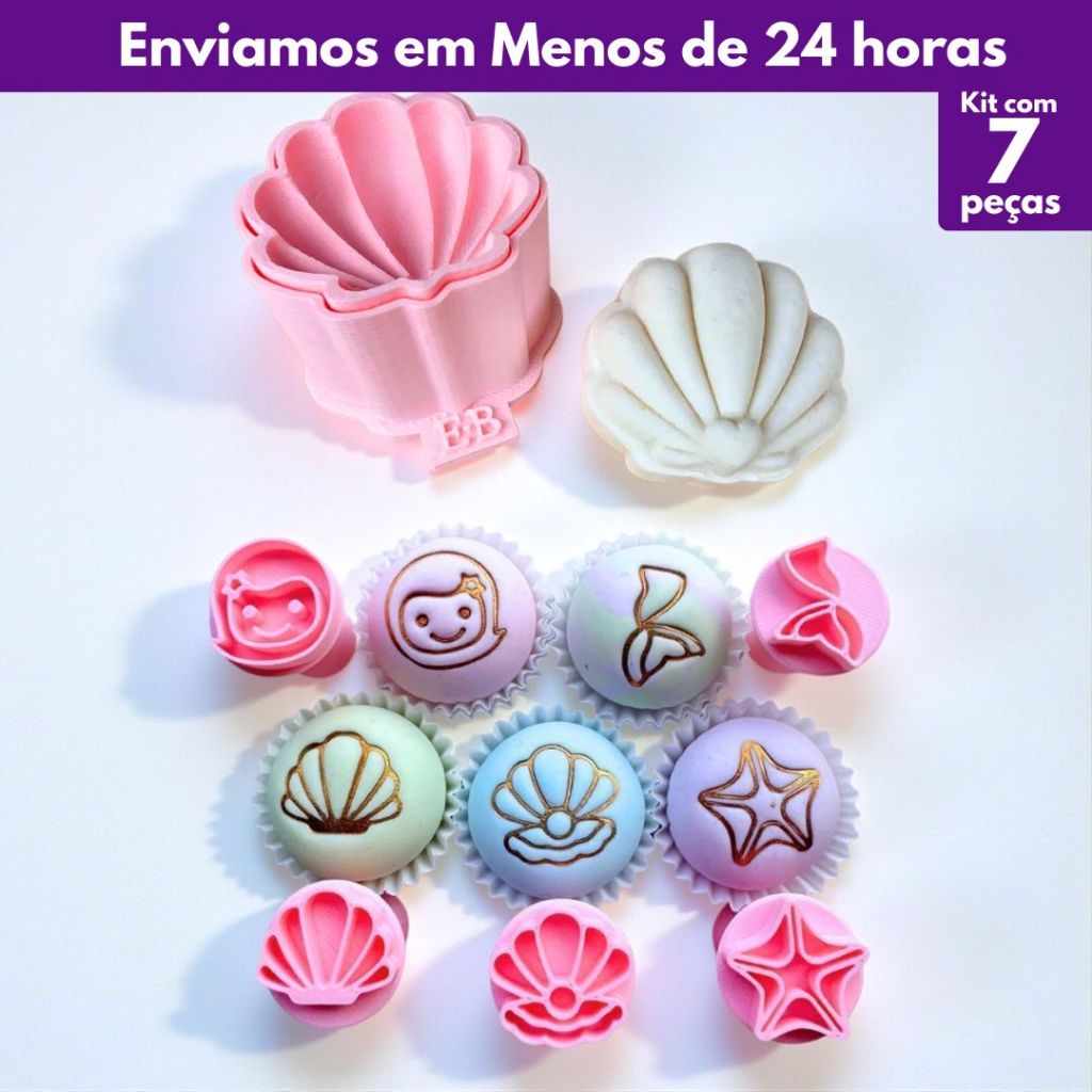 Kit Modelador e Ejetor Concha Realista e Kit Carimbo Fundo Mar Brigadeiro, Massa e Biscoito 7 peças