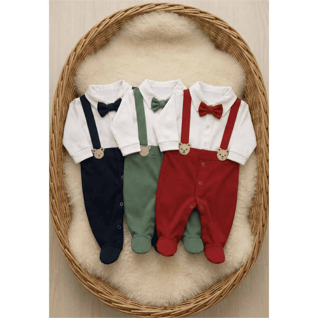 Kit Macacão Bebê Suspensório – 3 Peças Elegantes