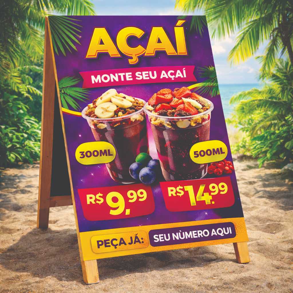 Cavalete de Madeira 55x110cm Para Açai Sorveteria Dupla Face Personalizado - Arte Inclusa
