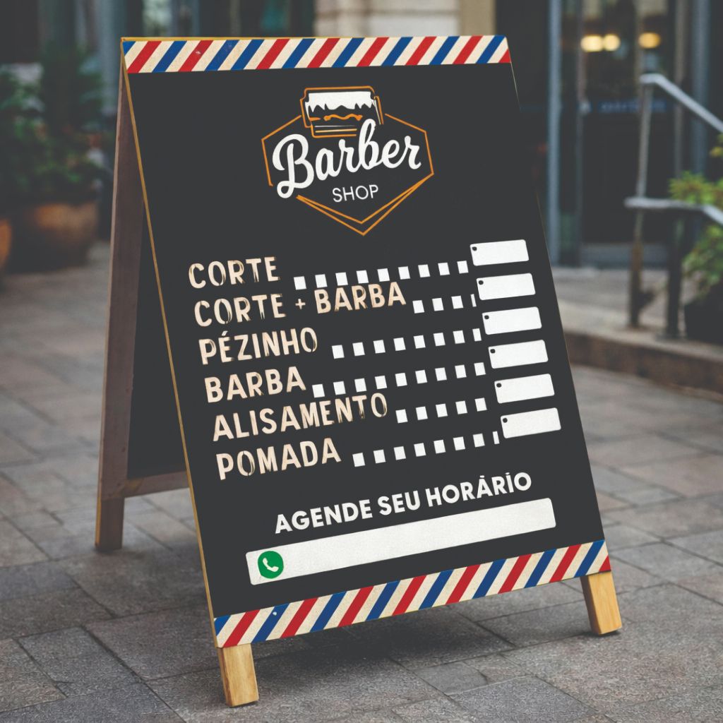 Cavalete de Madeira Para Barbearia 55x110cm  Dupla Face Personalizado - Arte Inclusa