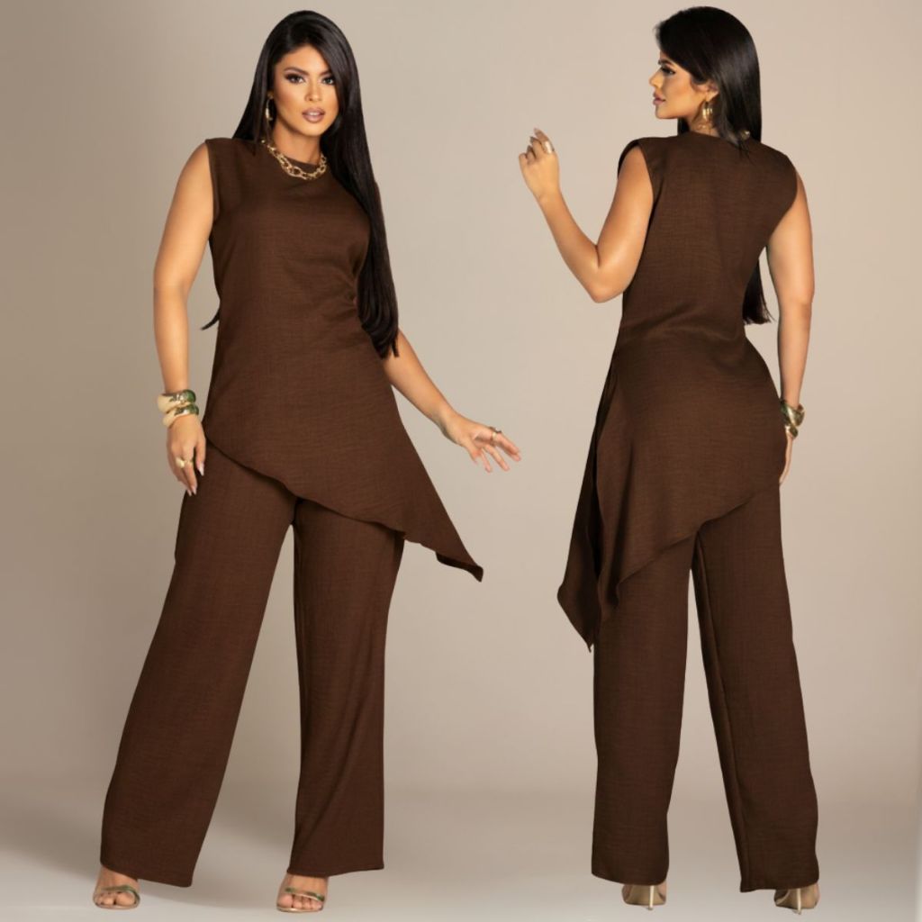 Conjunto Blusa Assimétrica e Calça Pantalona Feminino Perna Larga Tecido Crepe Dunas Blusinha  Elegante Alfaiataria