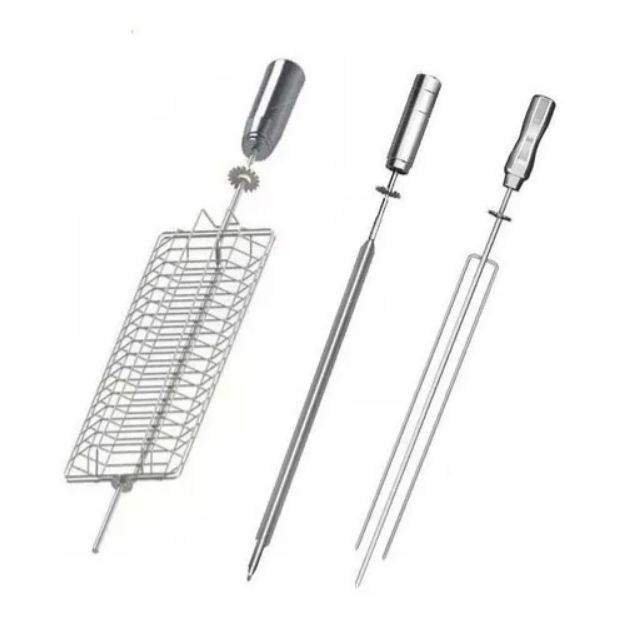 Kit Espetos Giratórios Churrasqueira Gira Gril Grelha Espada E Tridente Gourmet