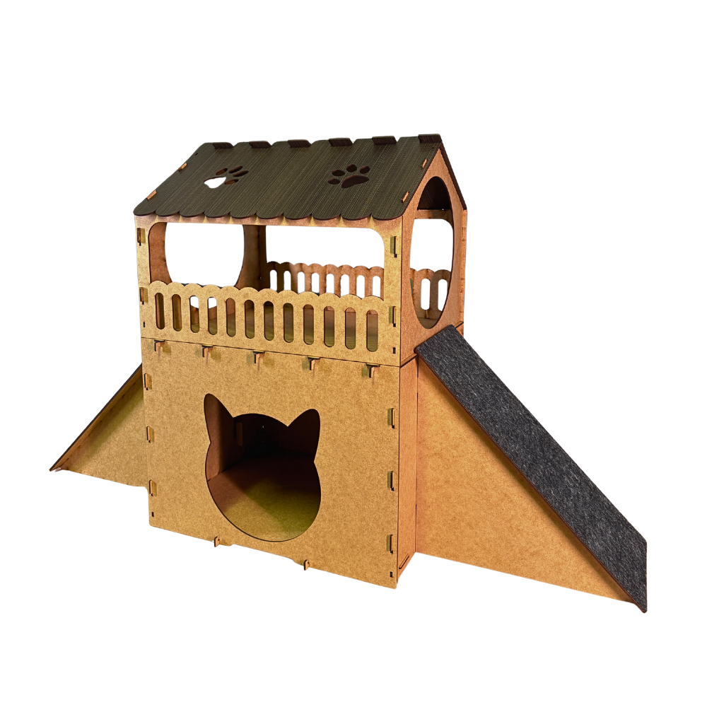 Casa Para Gatos Dois Andares 1 e 2 Rampas Toca Em Mdf Cama Beliche Brinquedo Arranhador Diversão