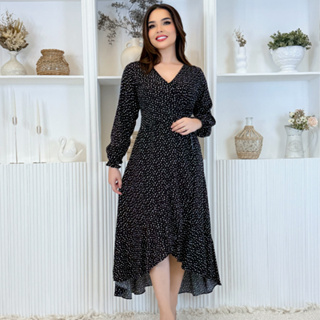 Vestido Moda Evangélica Envelope Transpassado Manga Longa em Oferta na Shopee