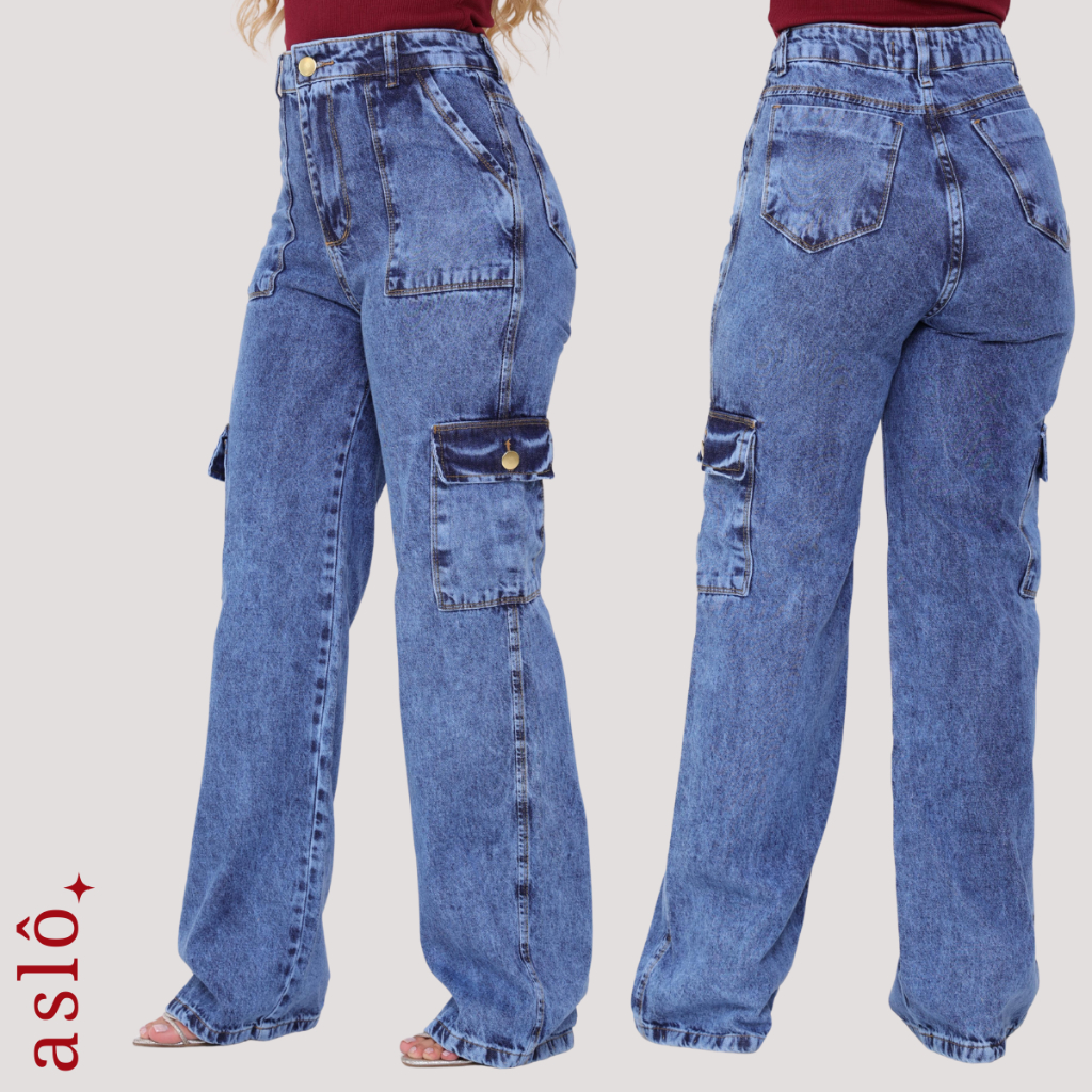 Calça Cargo Jeans Wide Feminina 100% Algodão Premium Tendência Larguinha Bolsos Lateral Shopping Utilitária BARATA em Oferta na Shopee