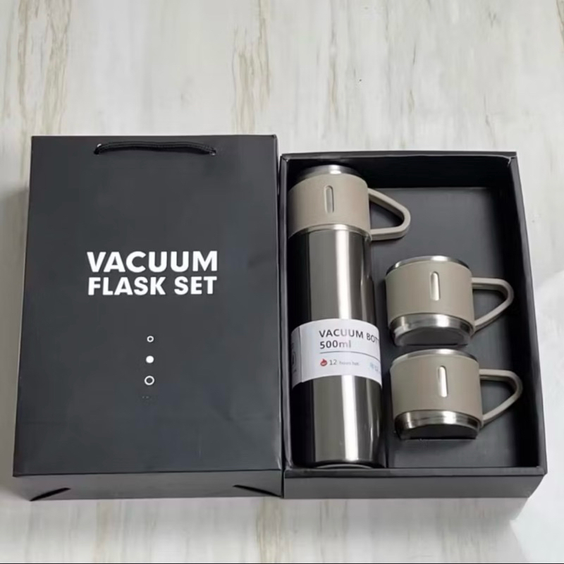 Caneca Kit Garrafa Térmica Vacuum Bottle Inox 500ml + 3 Xícaras Bebidas Fria ou Quente