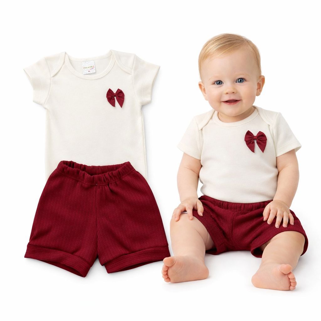 Conjunto Bebê Body Algodão + Shorts Tricot Infantil Confortável Roupa Menina Casual | P ao GG | REF 2410
