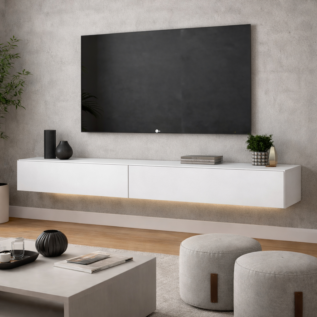 rack para sala moderna suspensa parede 2 gavetas tv até 50 polegadas design moderno