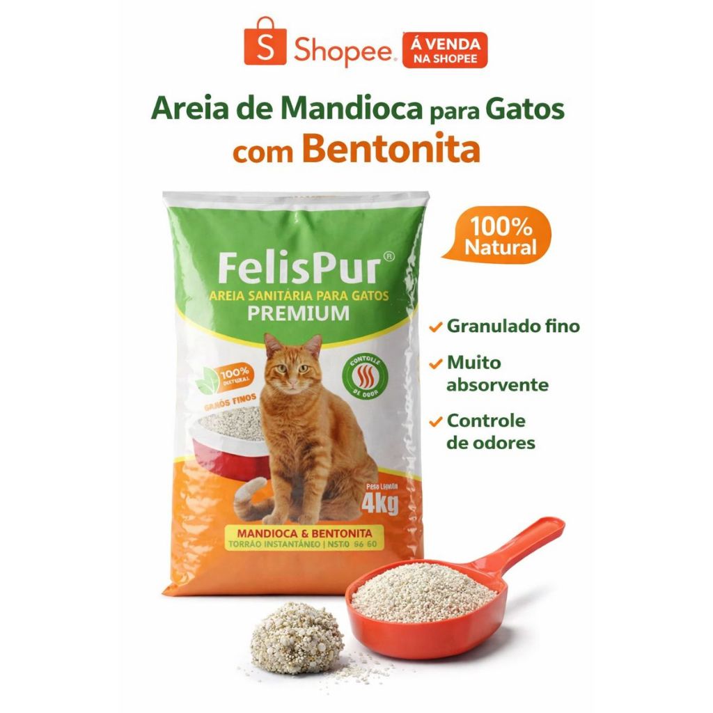 Areia Gato Higiênica Biodegradável Premium Mandioca + Bentonita 4kg S/ Odor Felispur em Oferta na Shopee