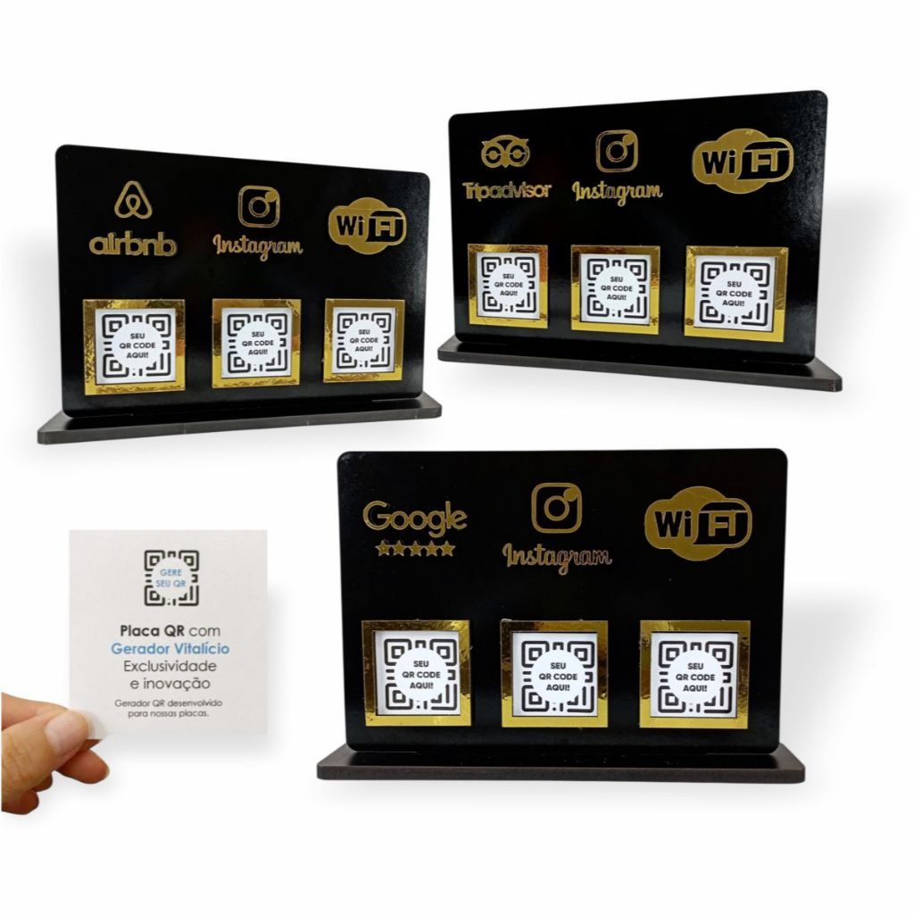 Placa 3 QR Display Balcão Preto Pix Instagram WhatsApp WiFi