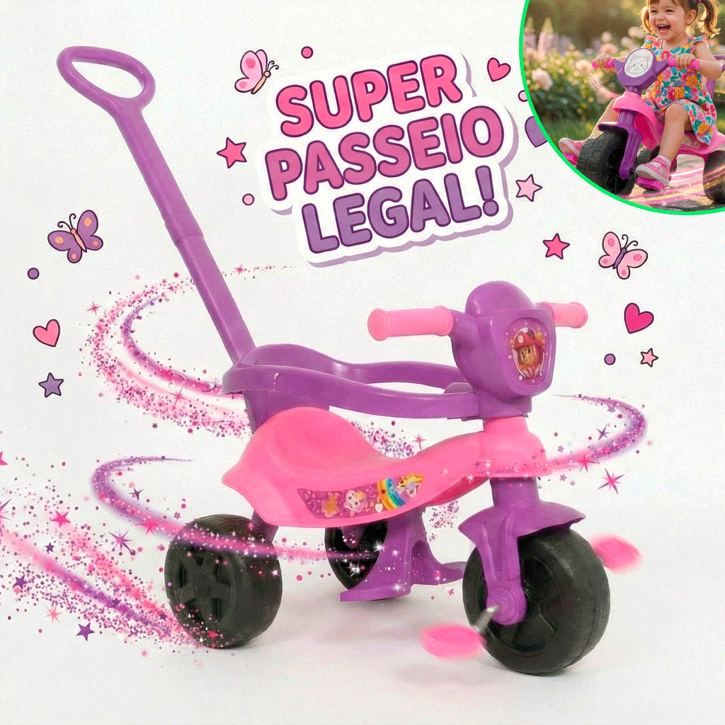 Motoca Infantil Menina 3 Rodas Rosa e Roxa Triciclo com Empurrador Velotrol Proteção Lateral Carrinho de Passeio Kendy