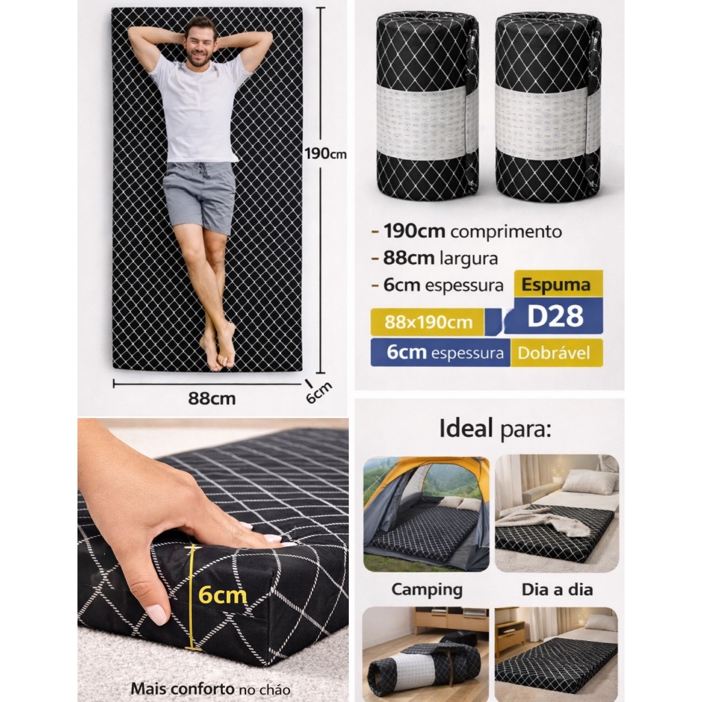 Colchonete camping 6x88x190cm dobravel Visita portatil espuma premium acampamento Solteiro Viagem Descanso em Oferta na Shopee