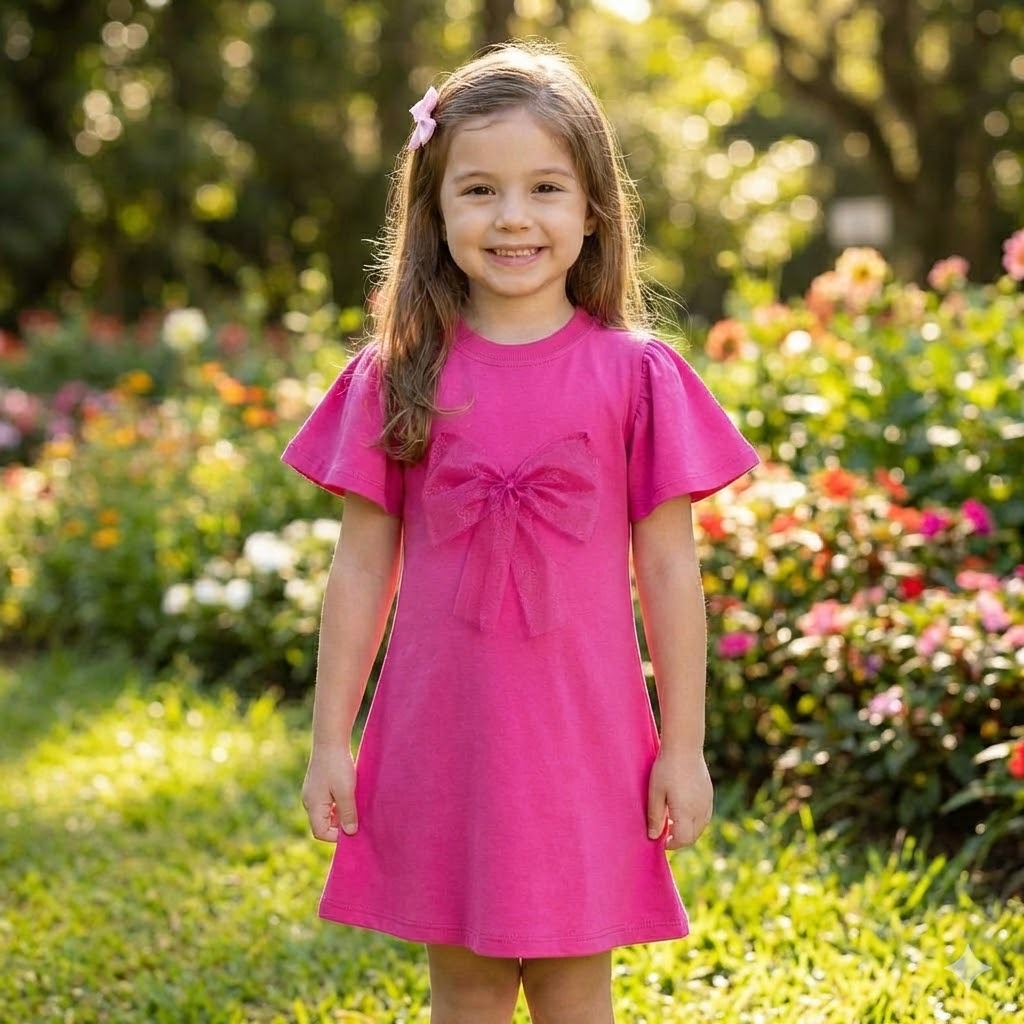 Vestido Infantil Feminino com Laço Grande Roupa de Festa Menina Manga Bufante 100% Algodão Verão