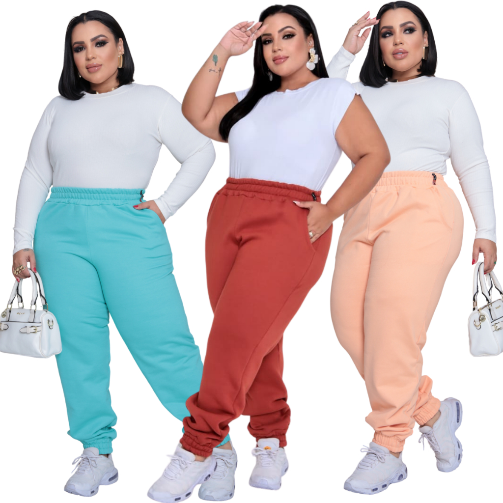Calça Jogger Feminina Plus Size Moletom Cintura Alta com Bolsos Confortável Streetwear Casual Dia a Dia em Oferta na Shopee