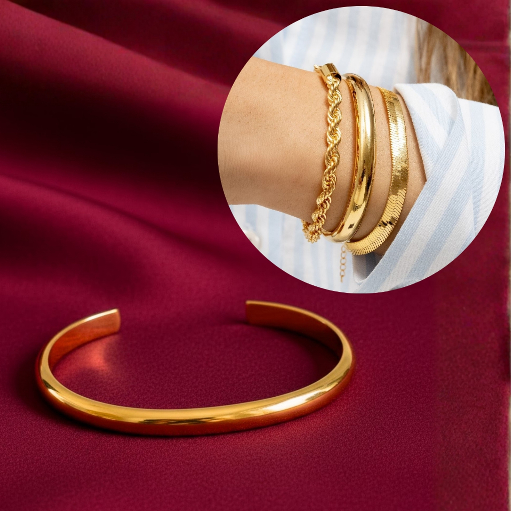 [ SEMI JOIA ] Bracelete Liso Grosso Robusto Meia Cana Feminino Banhado em Ouro 18k Alto Padrão