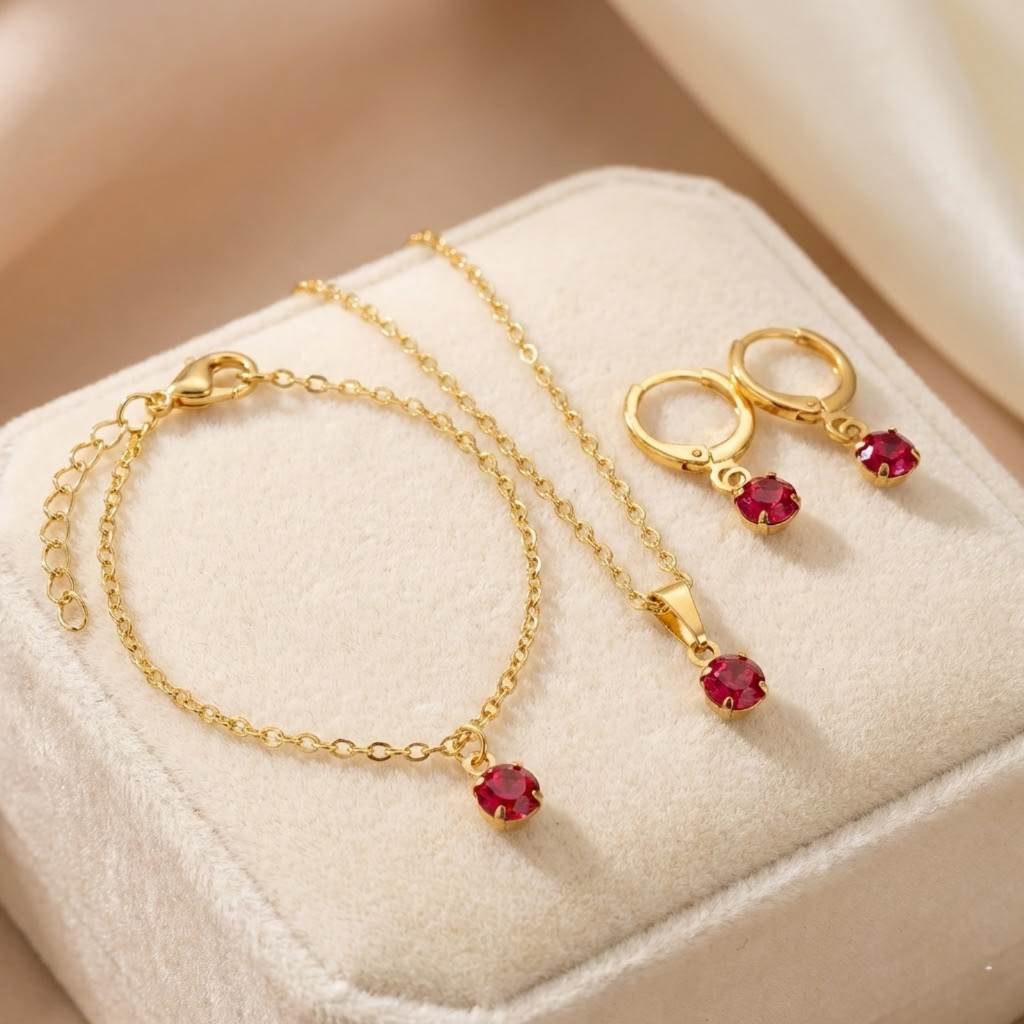 [ SEMI JOIA ] Kit Colar Pulseira Brincos Argola Cristal Rosa Pink Feminino Delicado Dourado Banho Ouro 18k Anti Alérgico