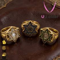 Anel masculino Estrela de Davi, banhado a ouro - azul, cravejado com diamantes sintéticos.