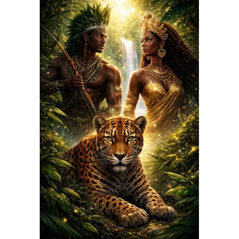 QUADRO DECORAÇÃO PLACA MDF-OXOSSI E OXUM COM TIGRE